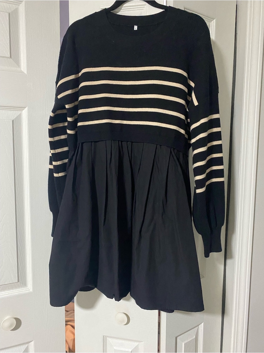 Black Long-Sleeve Striped Knit Dress with Cream Accents
